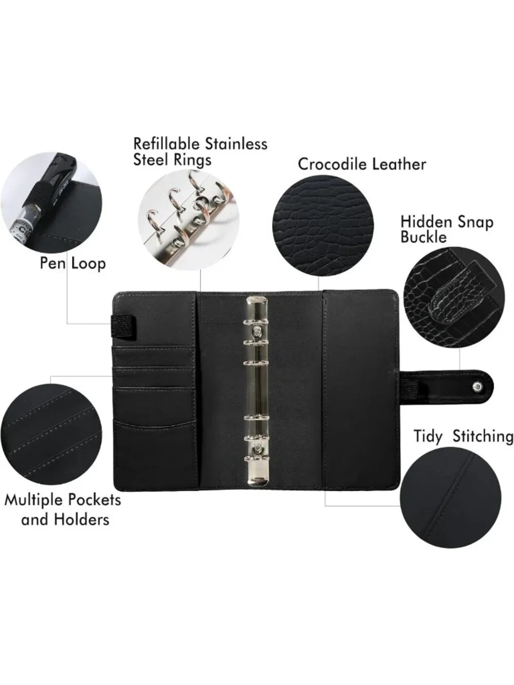 Large Crocodile PU Leather 6-Ring Binder Cover - Refillable Budget Planner
